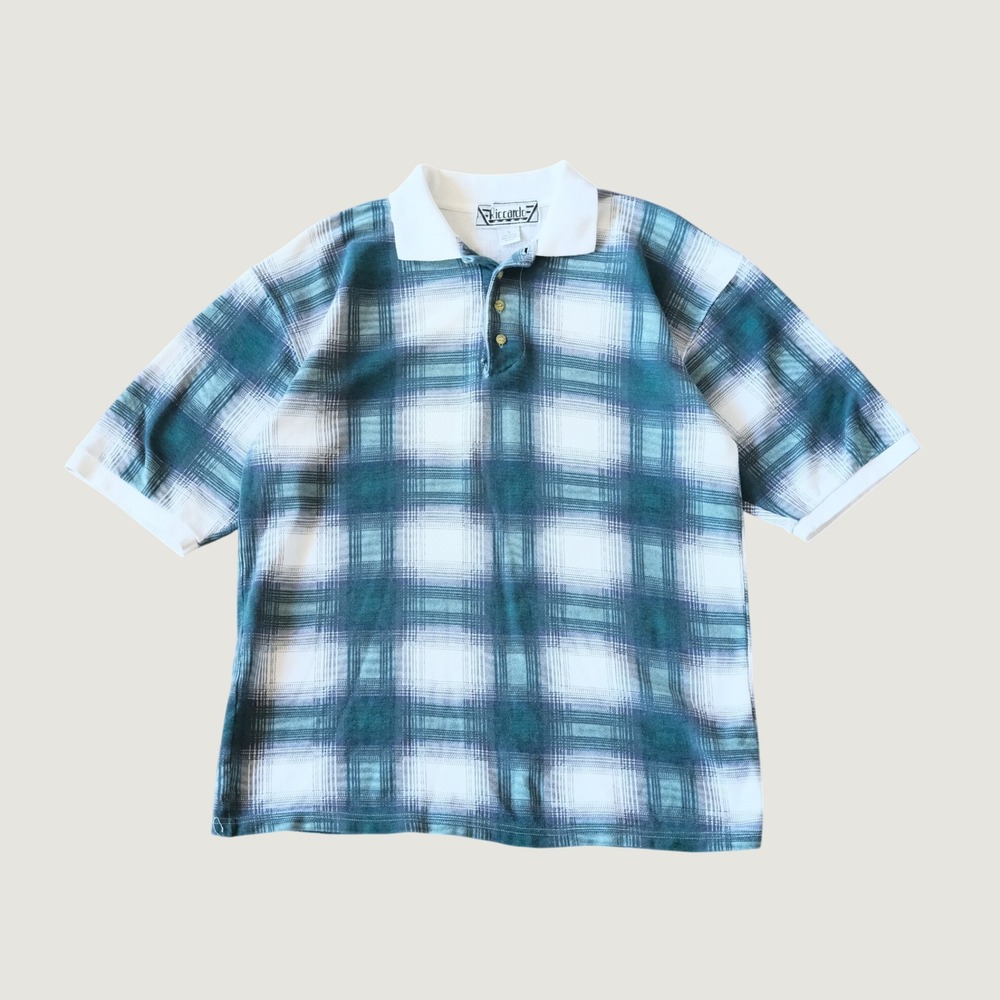 Riccardo Polo Shirt Plaid Green White Cotton Pique Short Sleeve Large Vintage